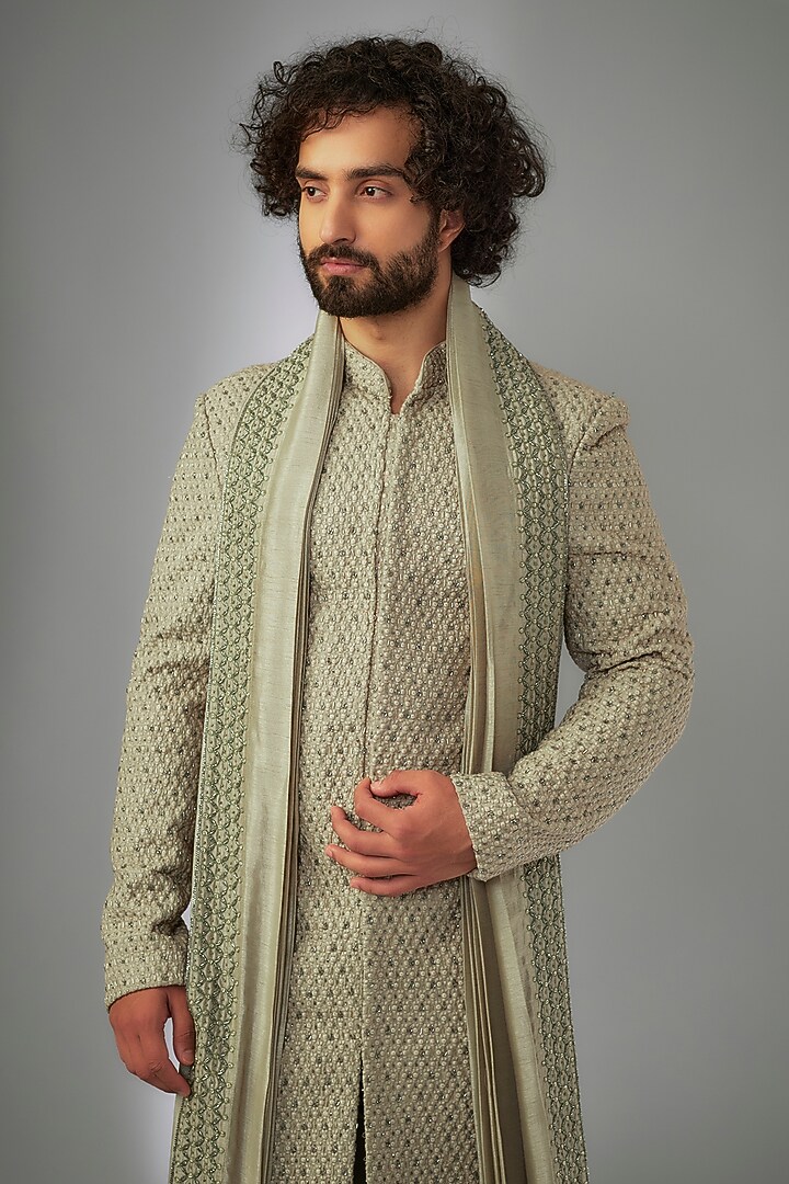 Dark Beige Silk Cutdana Embroidered & Resham Work Groom Sherwani Set by KSHITIJ CHOUDHARY MEN at Pernia's Pop Up Shop