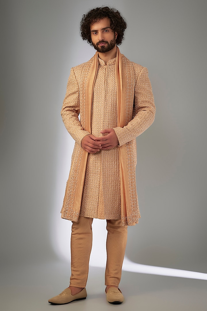 Burnt Orange Silk Cutdana Embroidered & Resham Work Sherwani Set by KSHITIJ CHOUDHARY MEN