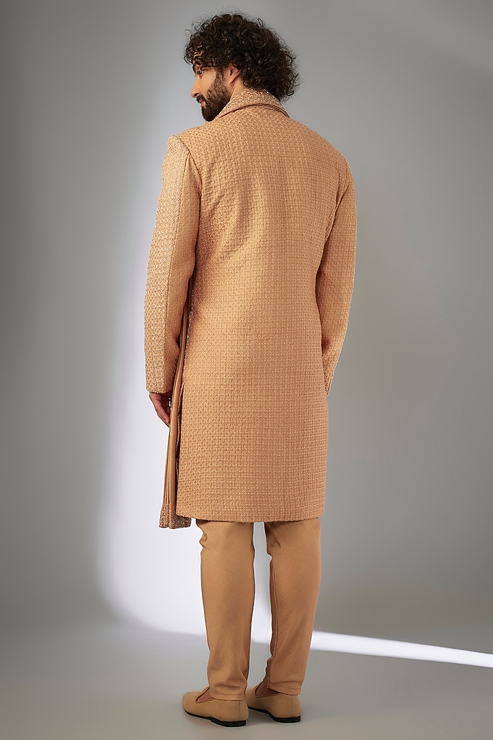 Burnt Orange Silk Cutdana Embroidered & Resham Work Groom Sherwani Set by KSHITIJ CHOUDHARY MEN at Pernia's Pop Up Shop