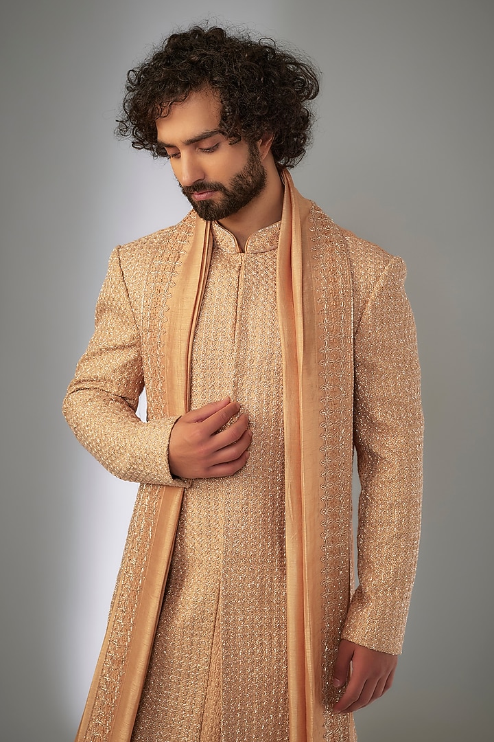 Burnt Orange Silk Cutdana Embroidered & Resham Work Groom Sherwani Set by KSHITIJ CHOUDHARY MEN at Pernia's Pop Up Shop