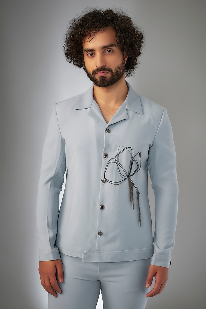 Sky Blue Armani Dhaga Embroidered Co-Ord Set by KSHITIJ CHOUDHARY MEN at Pernia's Pop Up Shop