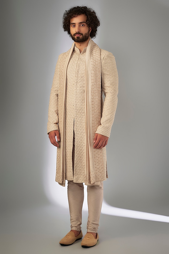 Gold Silk Cutdana Embroidered & Resham Work Sherwani Set by KSHITIJ CHOUDHARY MEN