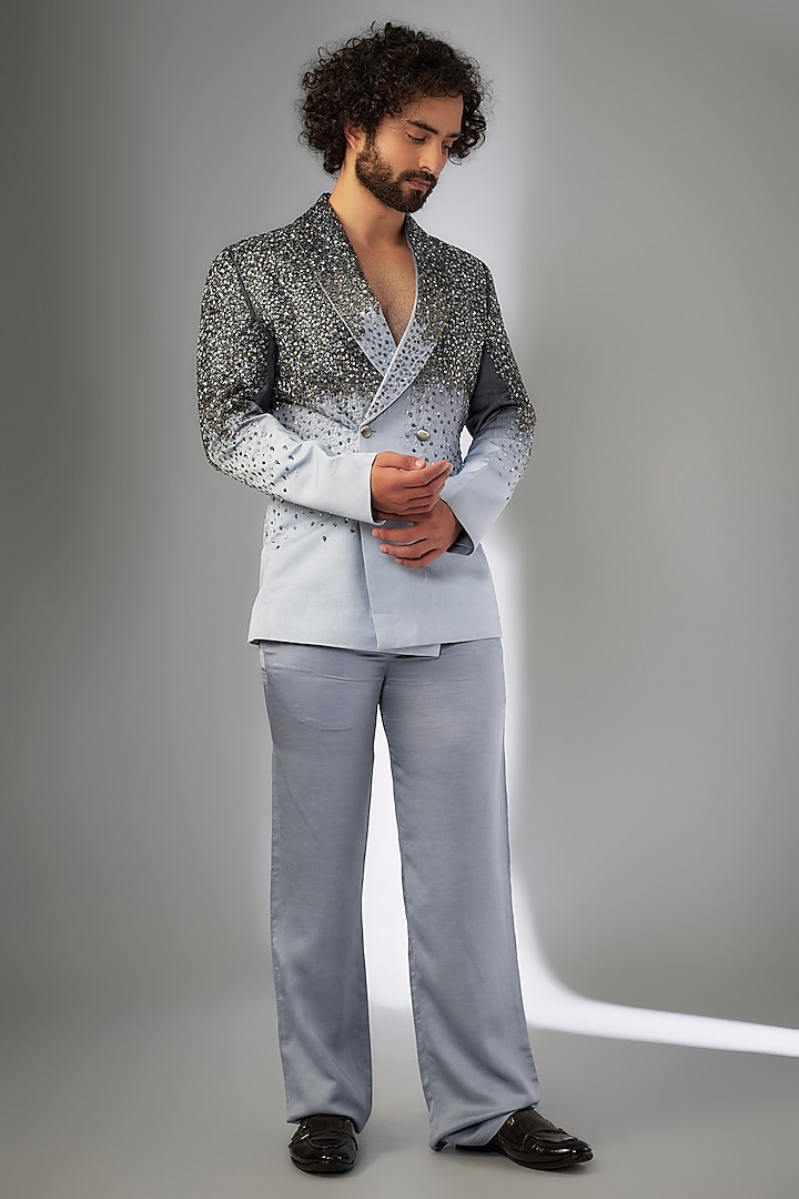 Light Blue & Ash Grey Linen Satin Cutdana Embroidered Blazer Set by KSHITIJ CHOUDHARY MEN