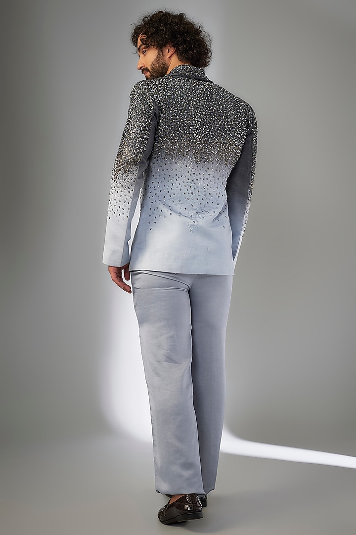 Light Blue & Ash Grey Linen Satin Cutdana Embroidered Blazer Set by KSHITIJ CHOUDHARY MEN at Pernia's Pop Up Shop