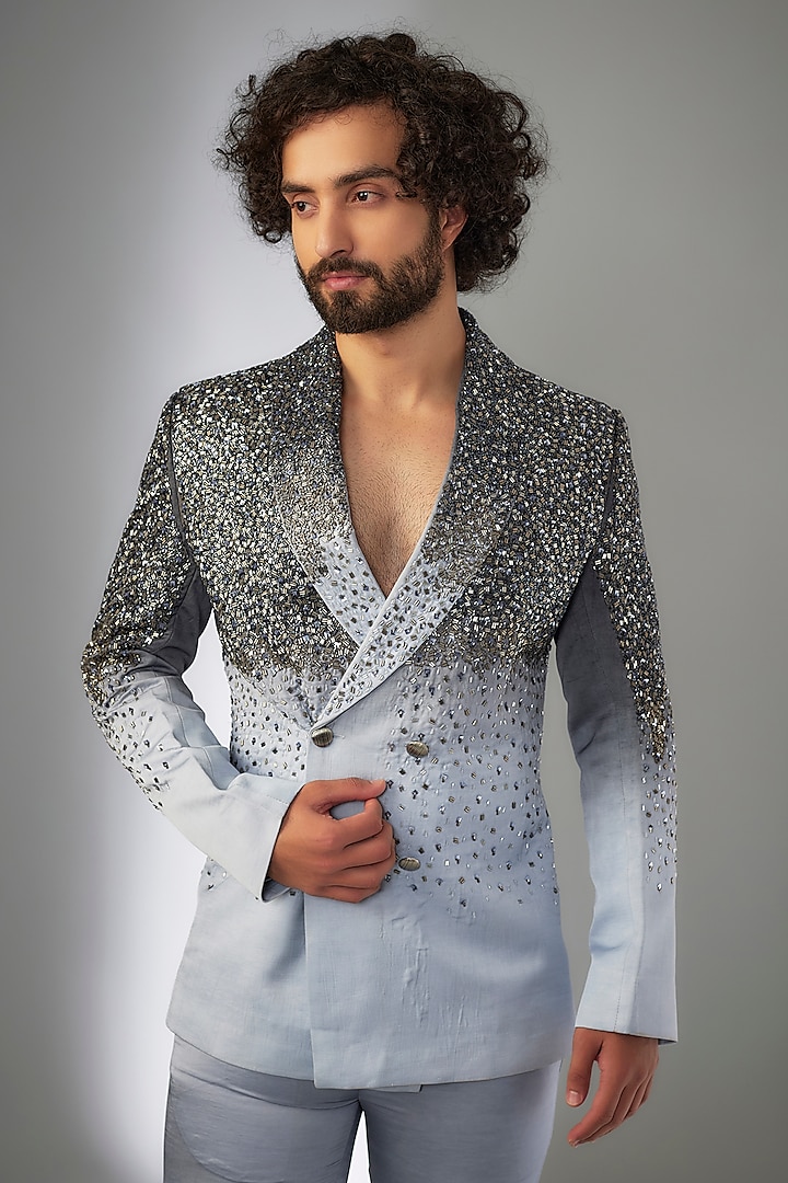 Light Blue & Ash Grey Linen Satin Cutdana Embroidered Blazer Set by KSHITIJ CHOUDHARY MEN at Pernia's Pop Up Shop