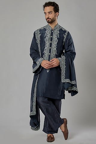 Navy Blue Silk & Viscose Organza Cutdana Embroidered Kurta Set by KSHITIJ CHOUDHARY MEN