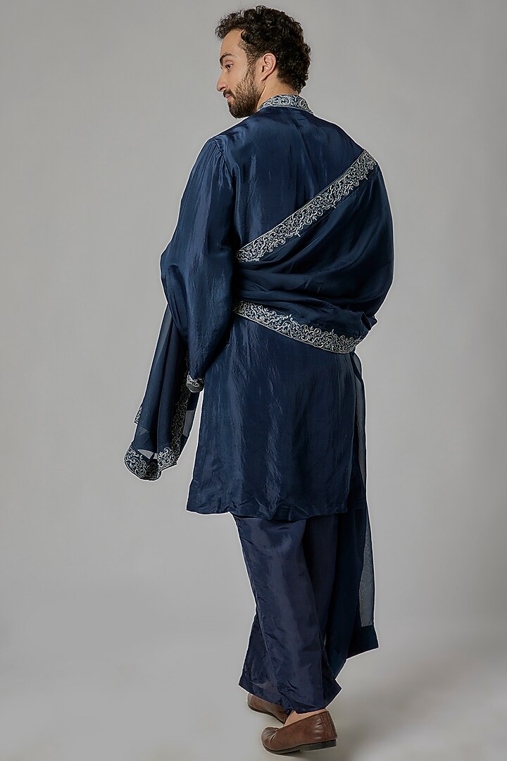 Navy Blue Silk & Viscose Organza Cutdana Embroidered Kurta Set by KSHITIJ CHOUDHARY MEN at Pernia's Pop Up Shop