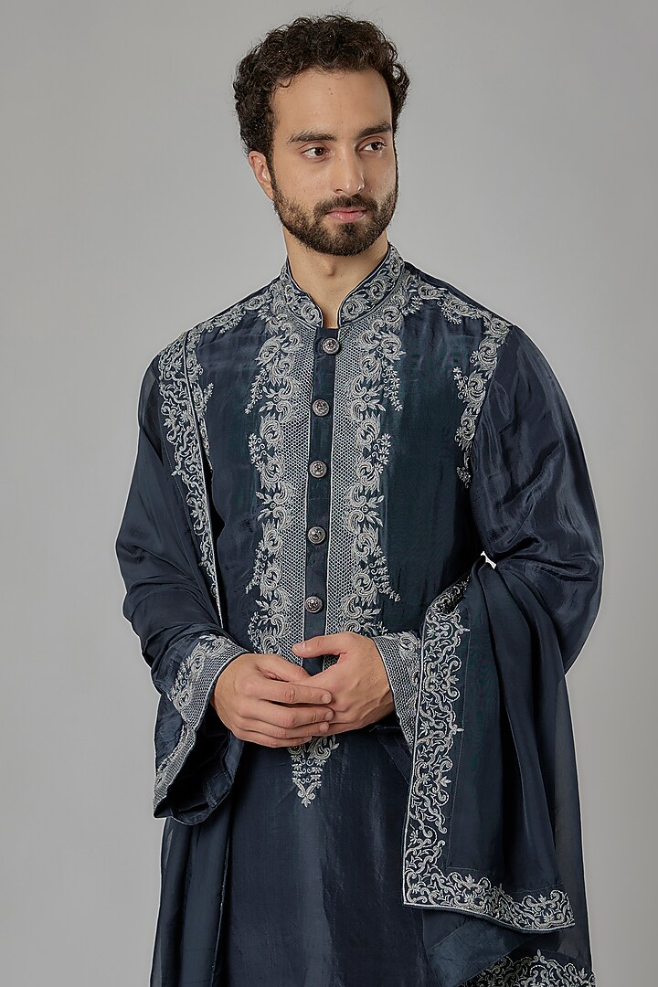 Navy Blue Silk & Viscose Organza Cutdana Embroidered Kurta Set by KSHITIJ CHOUDHARY MEN at Pernia's Pop Up Shop