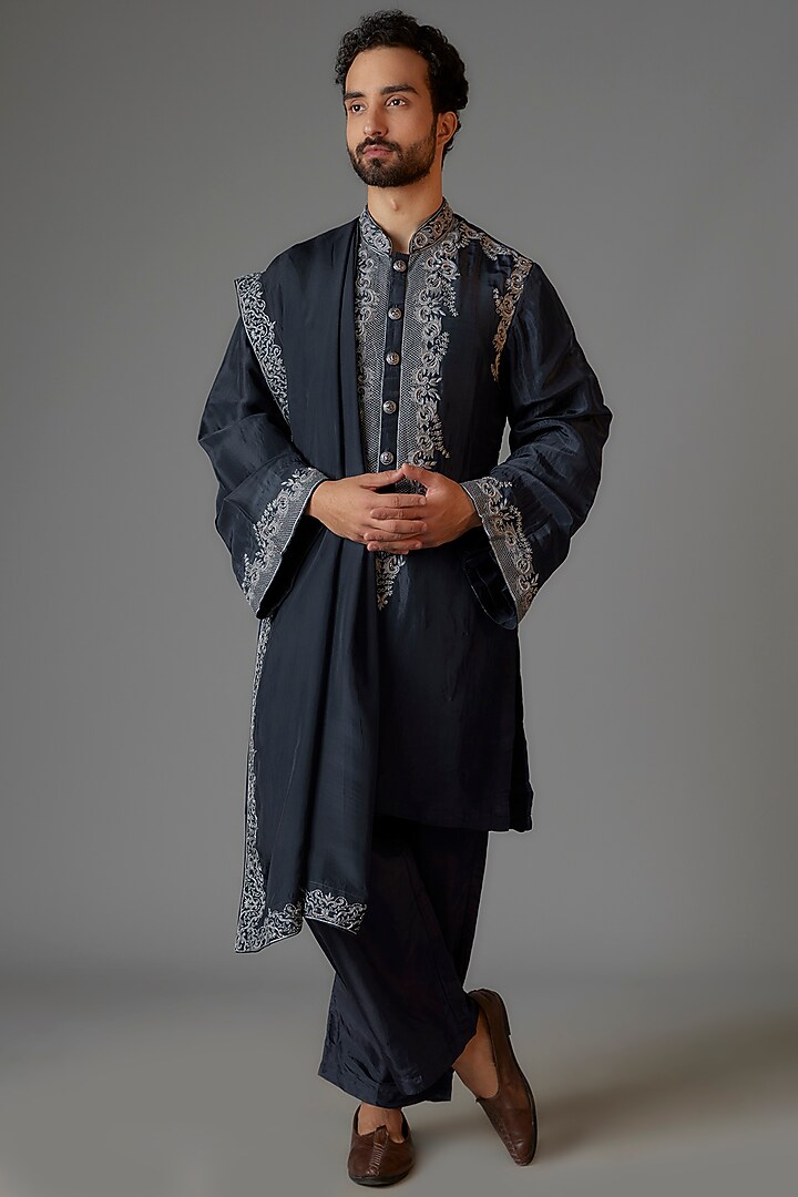 Navy Blue Silk & Viscose Organza Cutdana Embroidered Kurta Set by KSHITIJ CHOUDHARY MEN at Pernia's Pop Up Shop