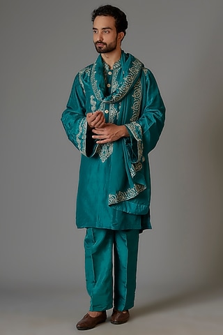 Peacock Blue Silk & Viscose Organza Cutdana Embroidered Kurta Set by KSHITIJ CHOUDHARY MEN