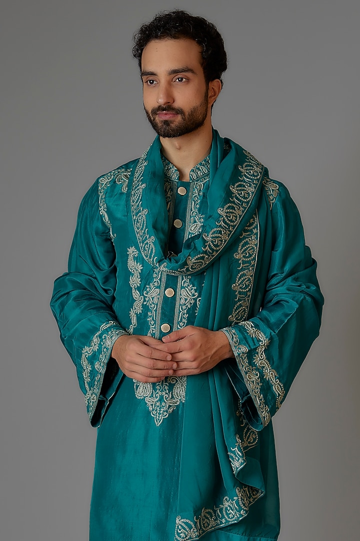Peacock Blue Silk & Viscose Organza Cutdana Embroidered Kurta Set by KSHITIJ CHOUDHARY MEN at Pernia's Pop Up Shop