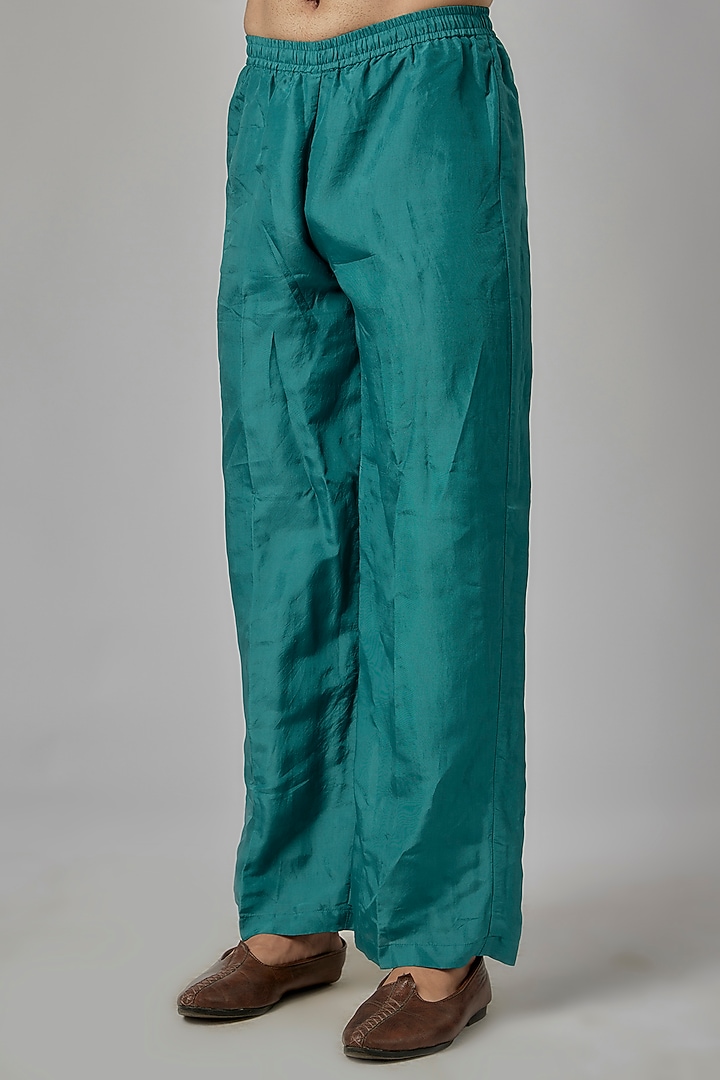 Peacock Blue Silk & Viscose Organza Cutdana Embroidered Kurta Set by KSHITIJ CHOUDHARY MEN at Pernia's Pop Up Shop