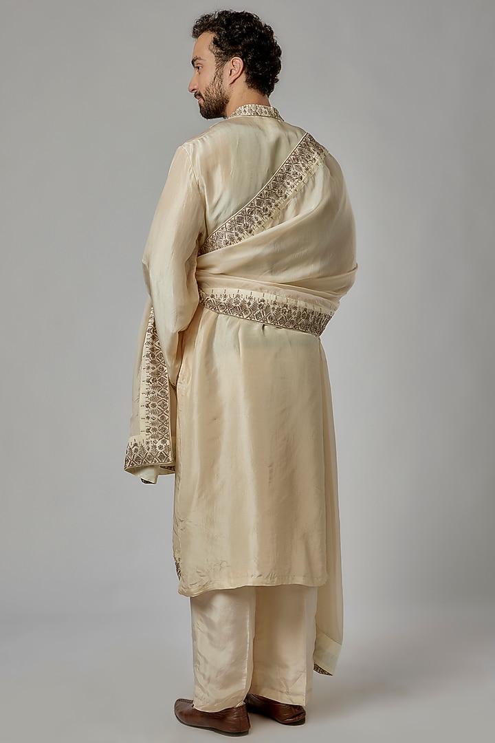 Ivory Silk & Viscose Organza Cutdana Embroidered Kurta Set by KSHITIJ CHOUDHARY MEN at Pernia's Pop Up Shop