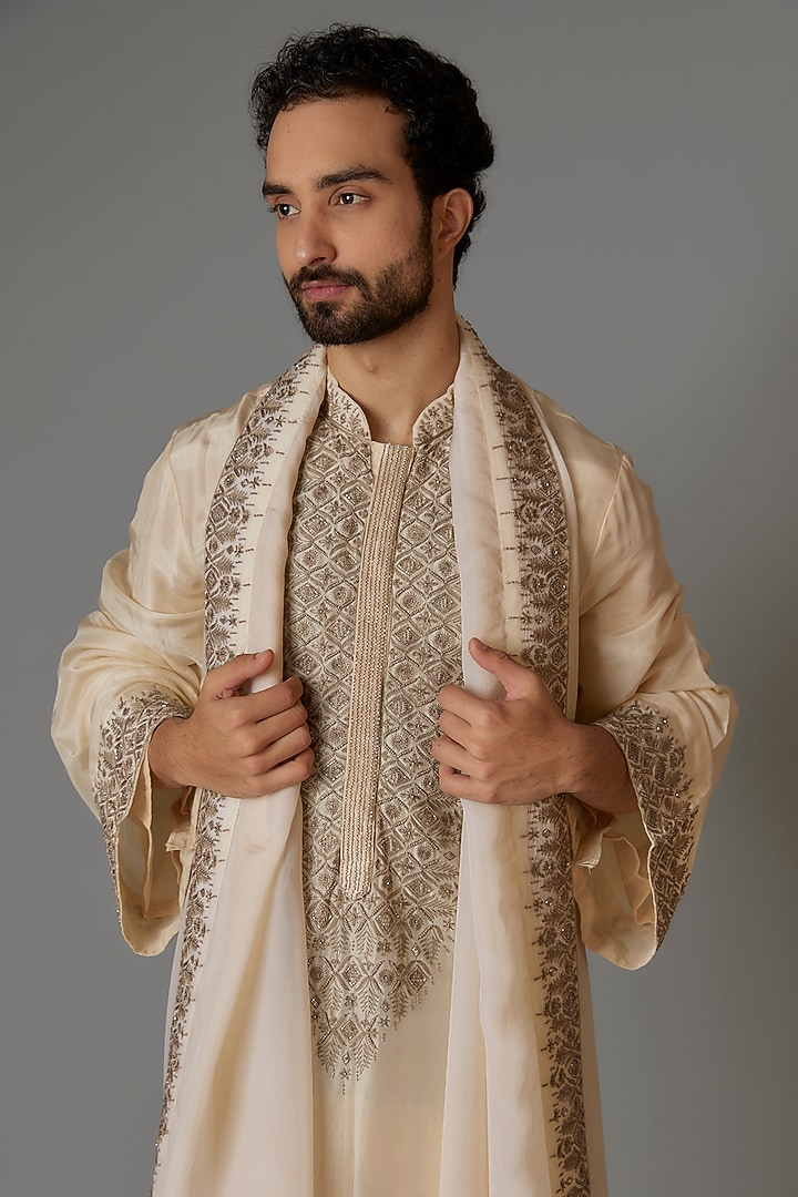 Ivory Silk & Viscose Organza Cutdana Embroidered Kurta Set by KSHITIJ CHOUDHARY MEN at Pernia's Pop Up Shop