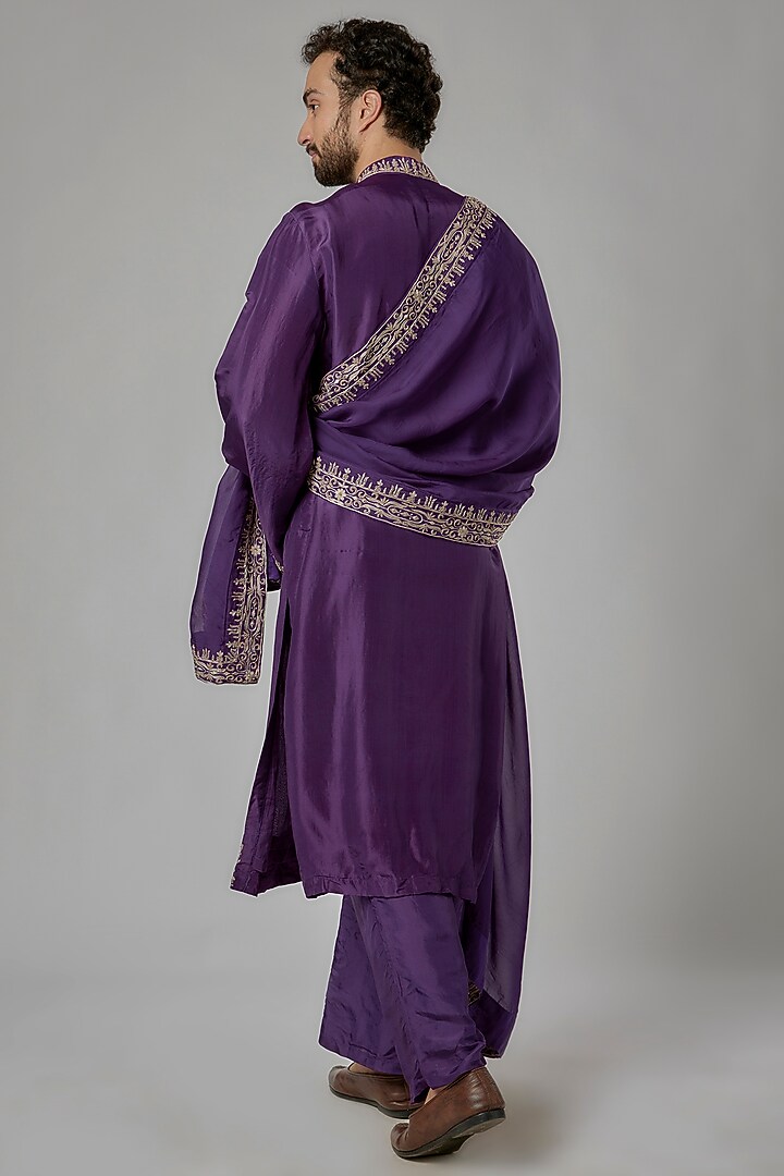 Purple Silk & Viscose Organza Cutdana Embroidered Kurta Set by KSHITIJ CHOUDHARY MEN at Pernia's Pop Up Shop