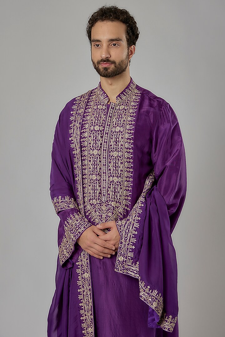 Purple Silk & Viscose Organza Cutdana Embroidered Kurta Set by KSHITIJ CHOUDHARY MEN at Pernia's Pop Up Shop