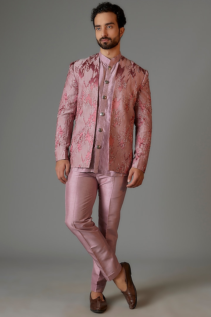 English Pink & Red Jacquard Cutdana Embroidered Open Jacket Set by KSHITIJ CHOUDHARY MEN