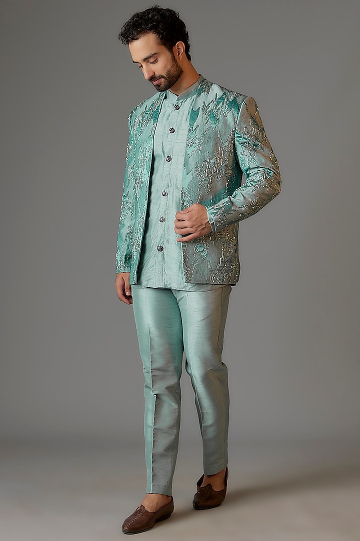 Jade Green Jacquard Cutdana Embroidered Open Jacket Set by KSHITIJ CHOUDHARY MEN