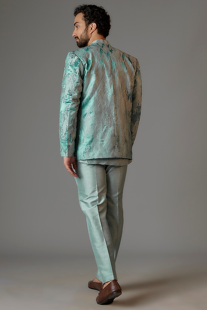 Jade Green Jacquard Cutdana Embroidered Open Jacket Set by KSHITIJ CHOUDHARY MEN at Pernia's Pop Up Shop