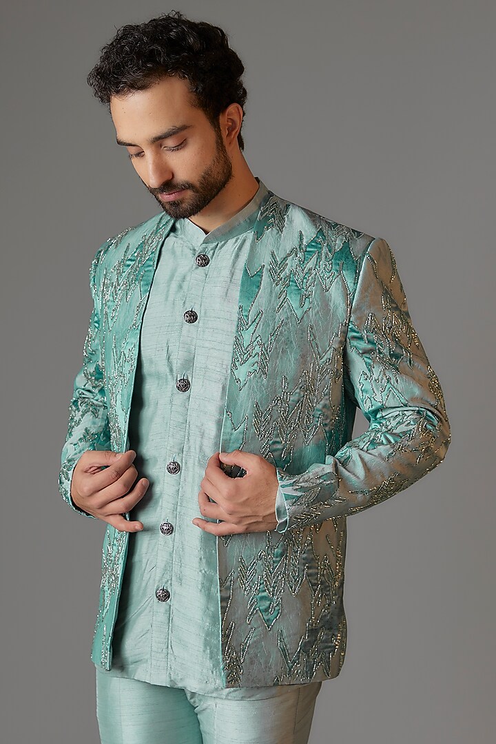 Jade Green Jacquard Cutdana Embroidered Open Jacket Set by KSHITIJ CHOUDHARY MEN at Pernia's Pop Up Shop
