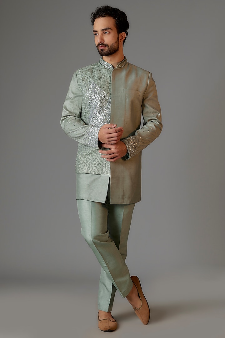 Sage Green Textured Silk Cutdana Embroidered Indowestern Set by KSHITIJ CHOUDHARY MEN