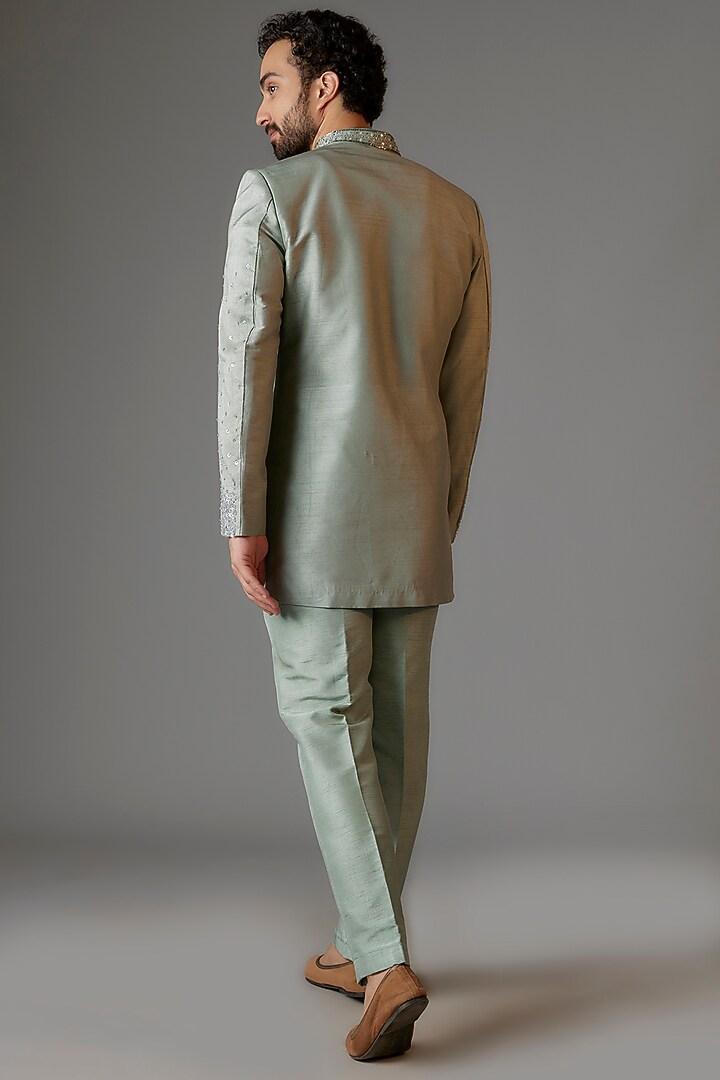 Sage Green Textured Silk Cutdana Embroidered Wedding Indowestern Set by KSHITIJ CHOUDHARY MEN at Pernia's Pop Up Shop