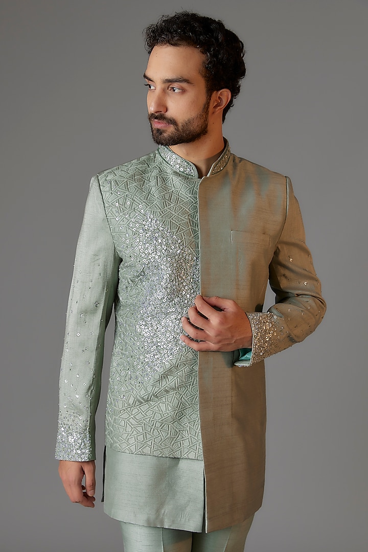Sage Green Textured Silk Cutdana Embroidered Wedding Indowestern Set by KSHITIJ CHOUDHARY MEN at Pernia's Pop Up Shop