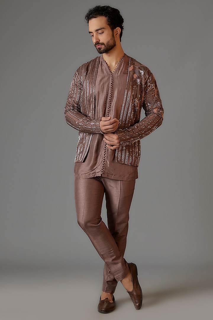 Clove Organza & Textured Silk Cutdana Embroidered Open Jacket Set by KSHITIJ CHOUDHARY MEN