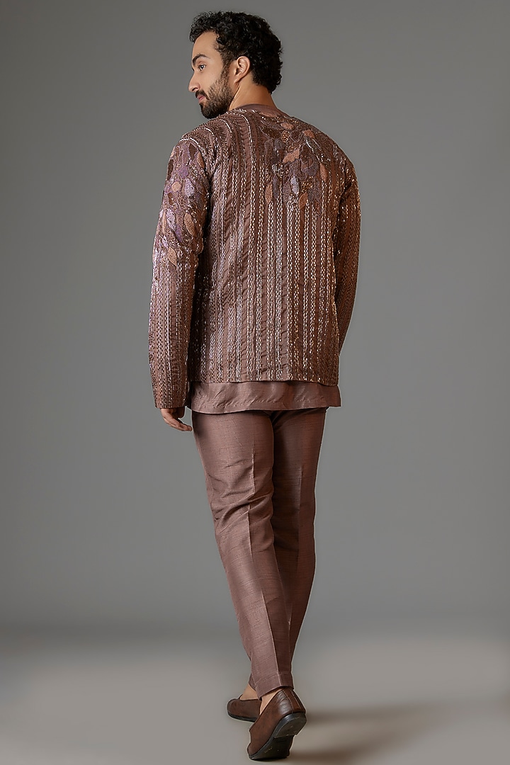 Clove Organza & Textured Silk Cutdana Embroidered Open Jacket Set by KSHITIJ CHOUDHARY MEN at Pernia's Pop Up Shop