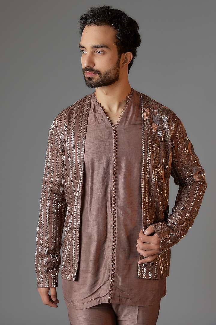Clove Organza & Textured Silk Cutdana Embroidered Open Jacket Set by KSHITIJ CHOUDHARY MEN at Pernia's Pop Up Shop