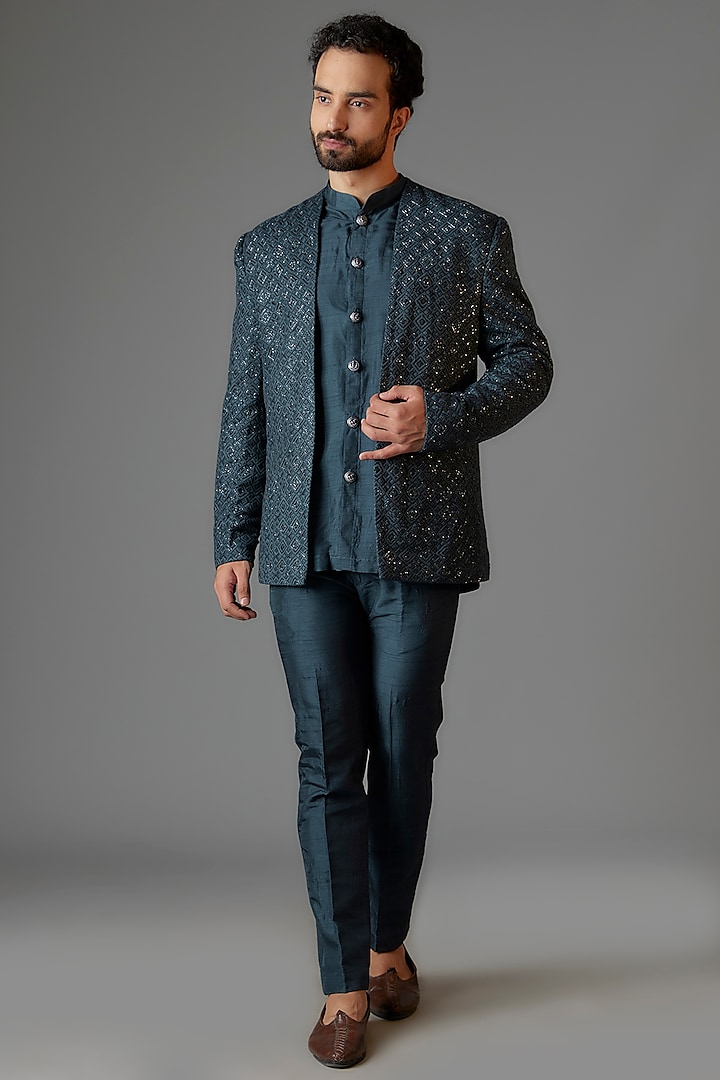 Teal Textured Silk Cutdana Embroidered Open Jacket Set by KSHITIJ CHOUDHARY MEN