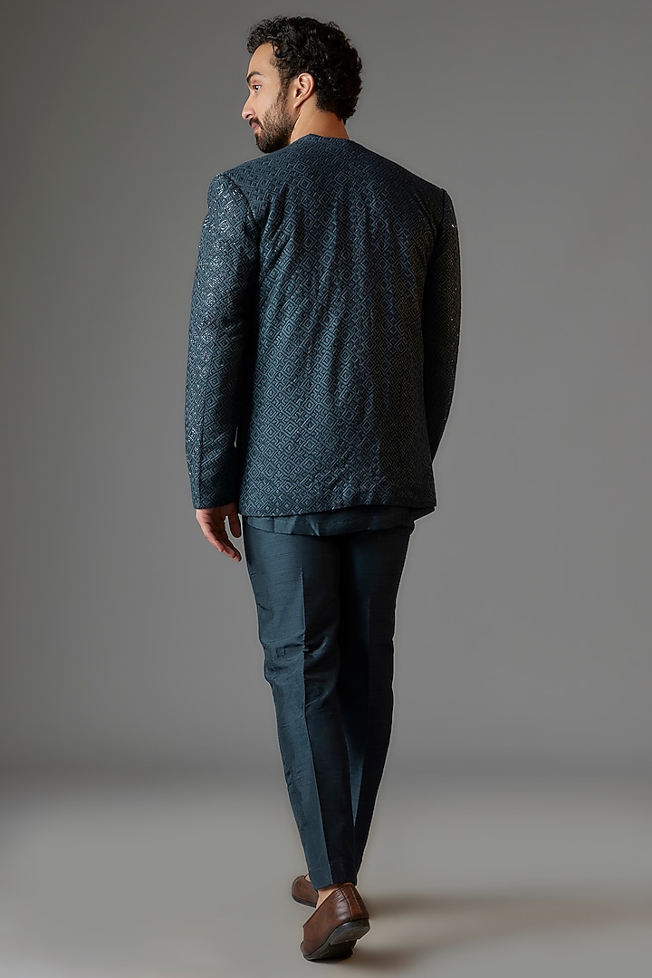 Teal Textured Silk Cutdana Embroidered Open Jacket Set by KSHITIJ CHOUDHARY MEN at Pernia's Pop Up Shop