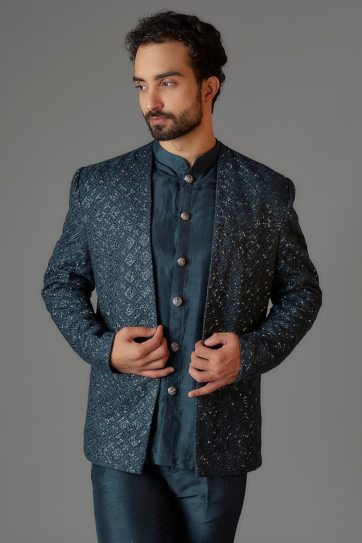 Teal Textured Silk Cutdana Embroidered Open Jacket Set by KSHITIJ CHOUDHARY MEN at Pernia's Pop Up Shop