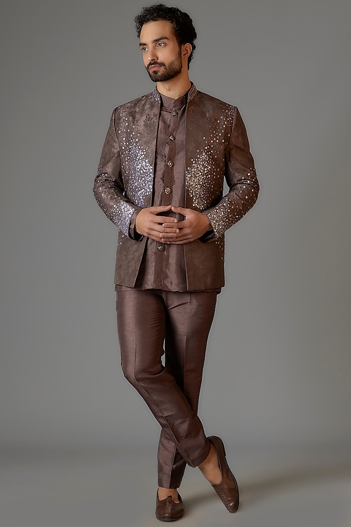 Copper Jacquard Cutdana Embroidered Open Jacket Set by KSHITIJ CHOUDHARY MEN