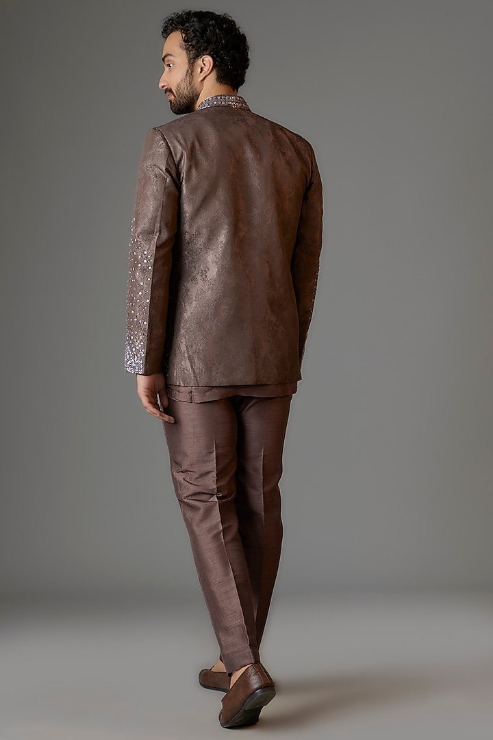 Copper Jacquard Cutdana Embroidered Open Jacket Set by KSHITIJ CHOUDHARY MEN at Pernia's Pop Up Shop