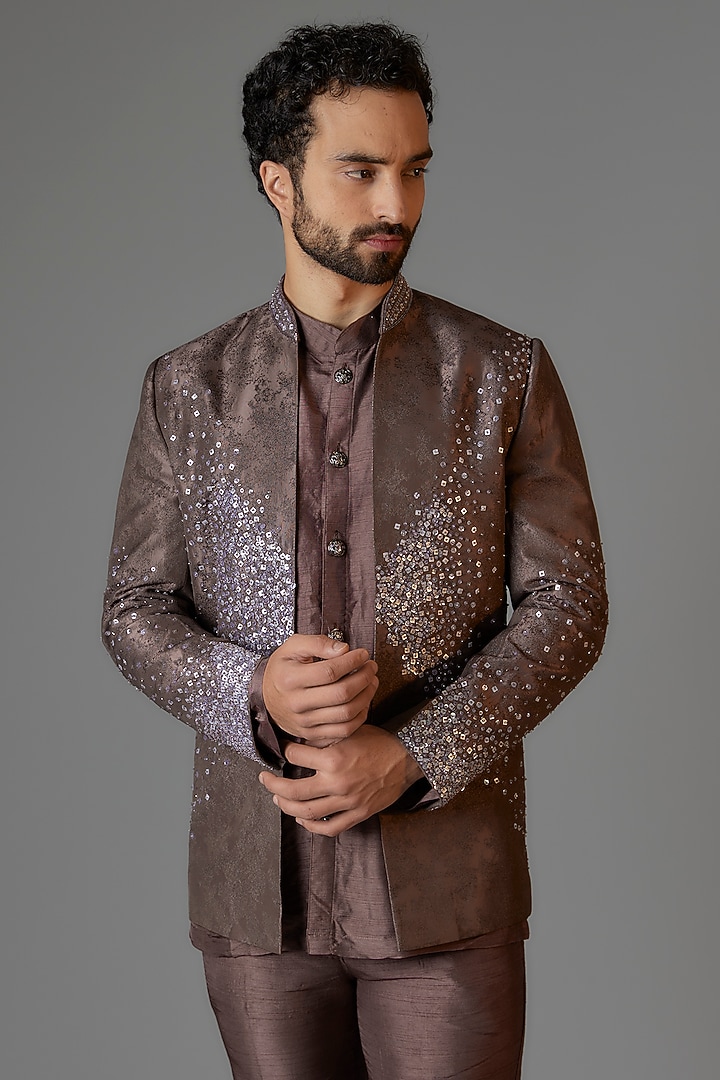 Copper Jacquard Cutdana Embroidered Open Jacket Set by KSHITIJ CHOUDHARY MEN at Pernia's Pop Up Shop