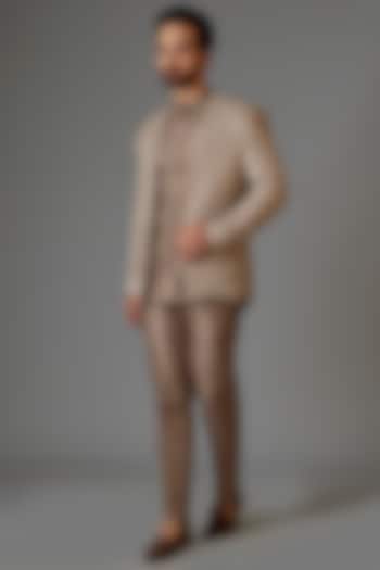 Hazelnut Textured Silk Cutdana Embroidered Open Jacket Set by KSHITIJ CHOUDHARY MEN