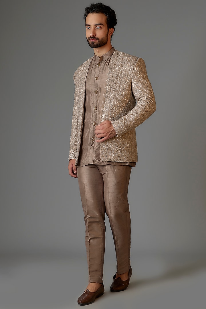 Hazelnut Textured Silk Cutdana Embroidered Open Jacket Set by KSHITIJ CHOUDHARY MEN