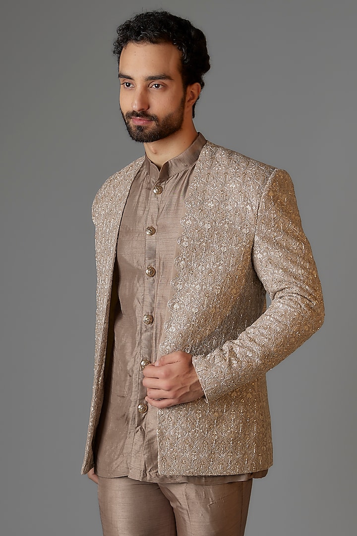 Hazelnut Textured Silk Cutdana Embroidered Open Jacket Set Design by ...