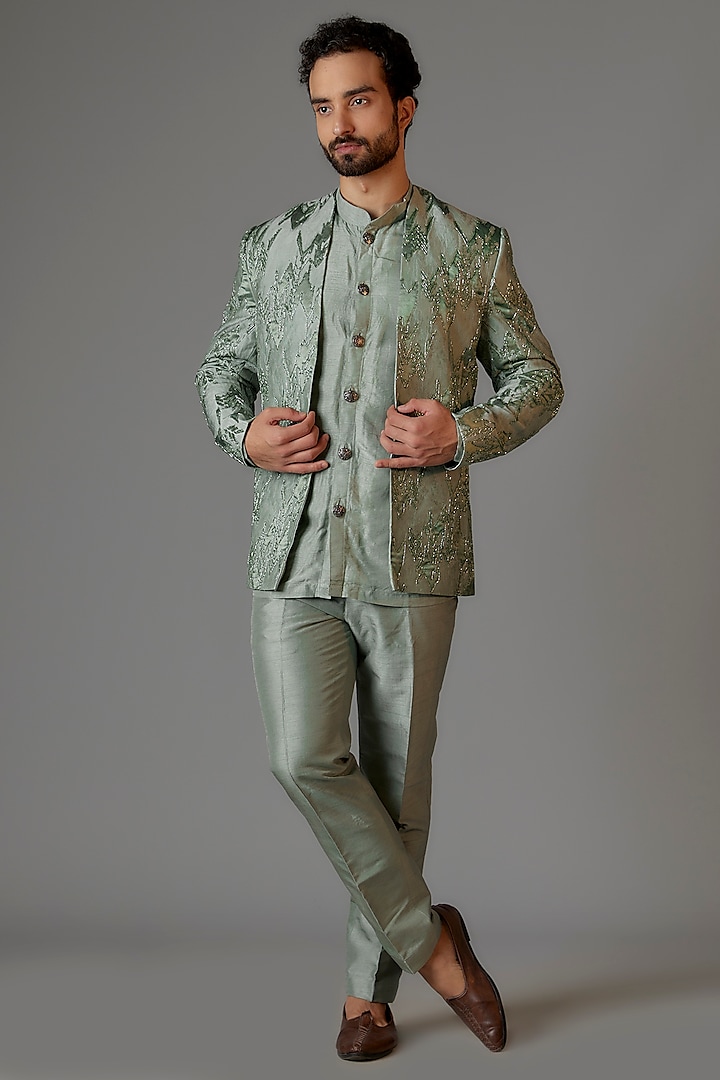 Sage Green Jacquard Cutdana Embroidered Open Jacket Set by KSHITIJ CHOUDHARY MEN