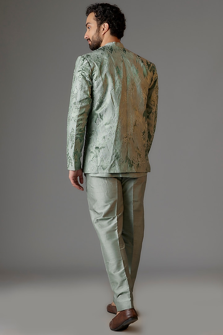 Sage Green Jacquard Cutdana Embroidered Open Jacket Set by KSHITIJ CHOUDHARY MEN at Pernia's Pop Up Shop