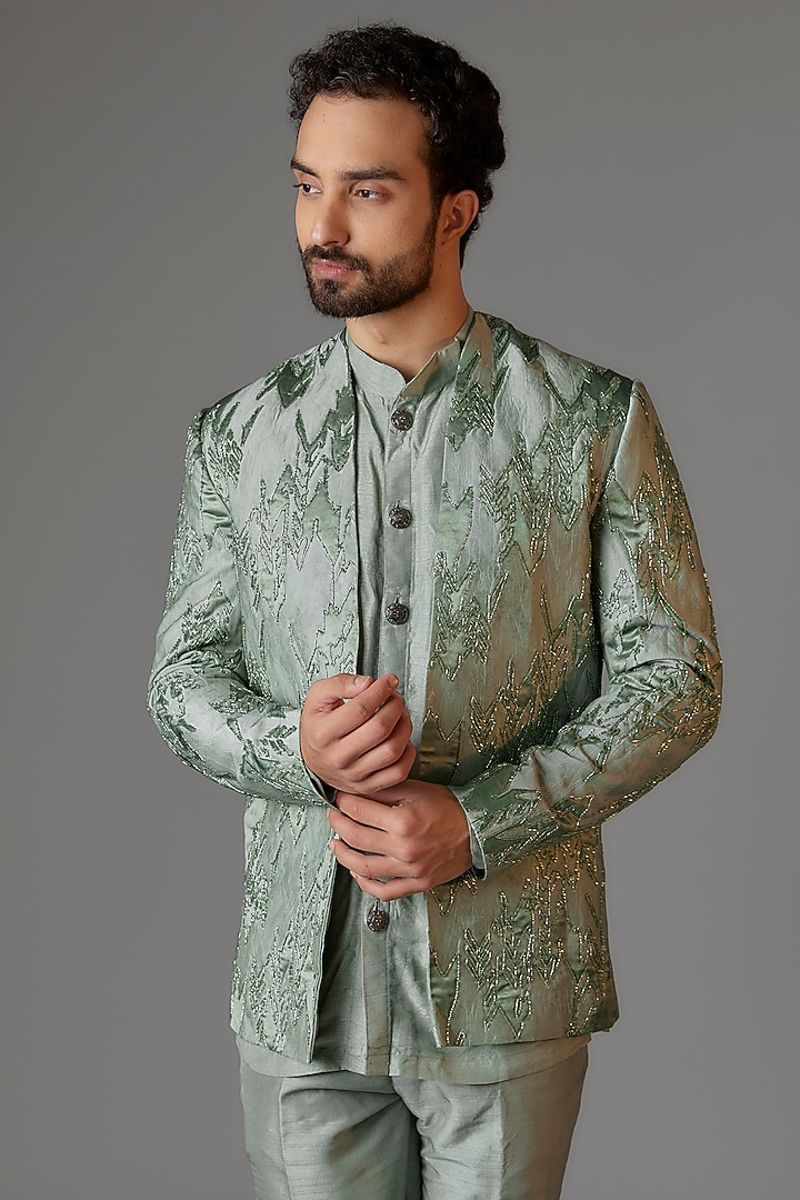 Sage Green Jacquard Cutdana Embroidered Open Jacket Set by KSHITIJ CHOUDHARY MEN at Pernia's Pop Up Shop
