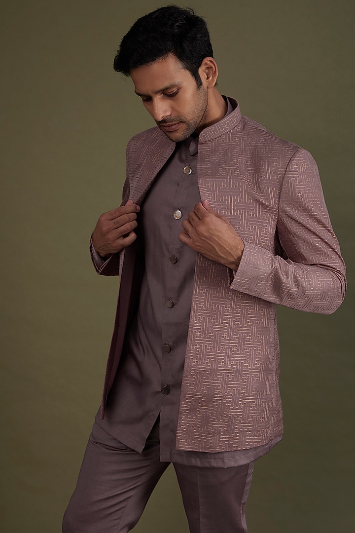 Mauve Silk Open Wedding Indowestern Set by KSHITIJ CHOUDHARY MEN at Pernia's Pop Up Shop