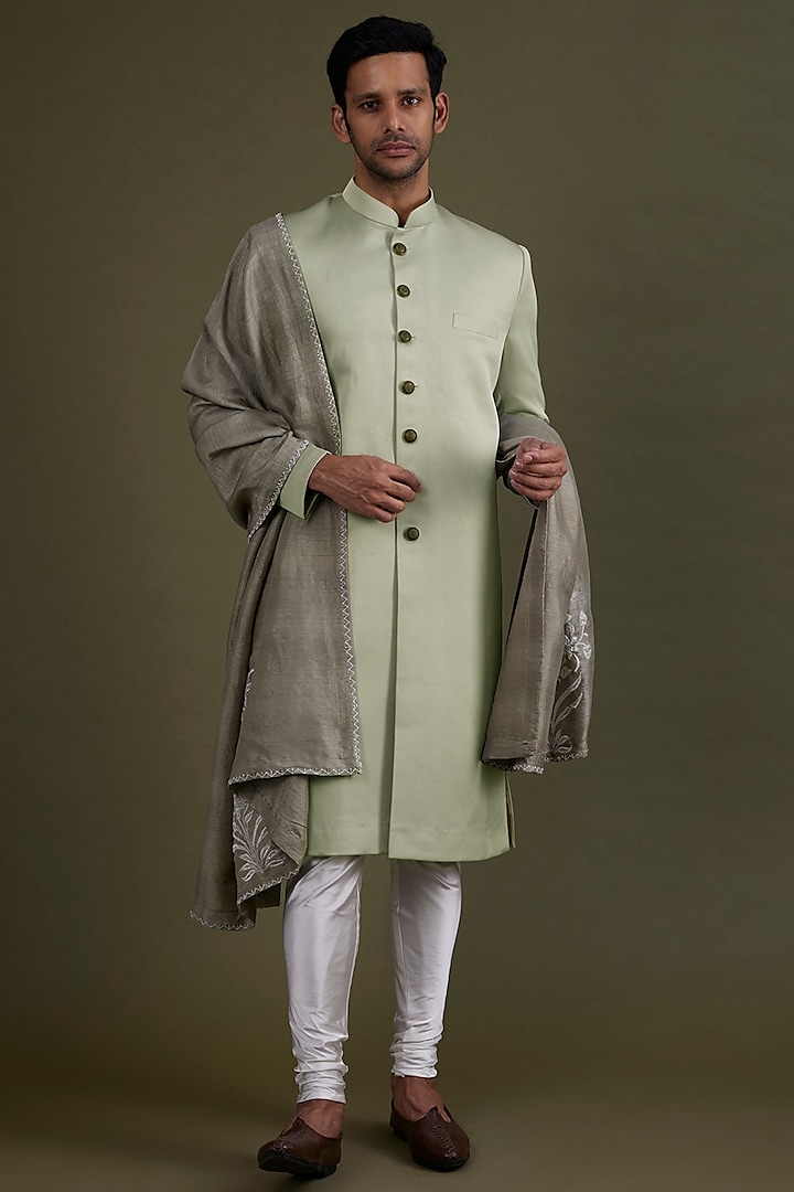 Mint Green Scuba Satin Sherwani Set by KSHITIJ CHOUDHARY MEN