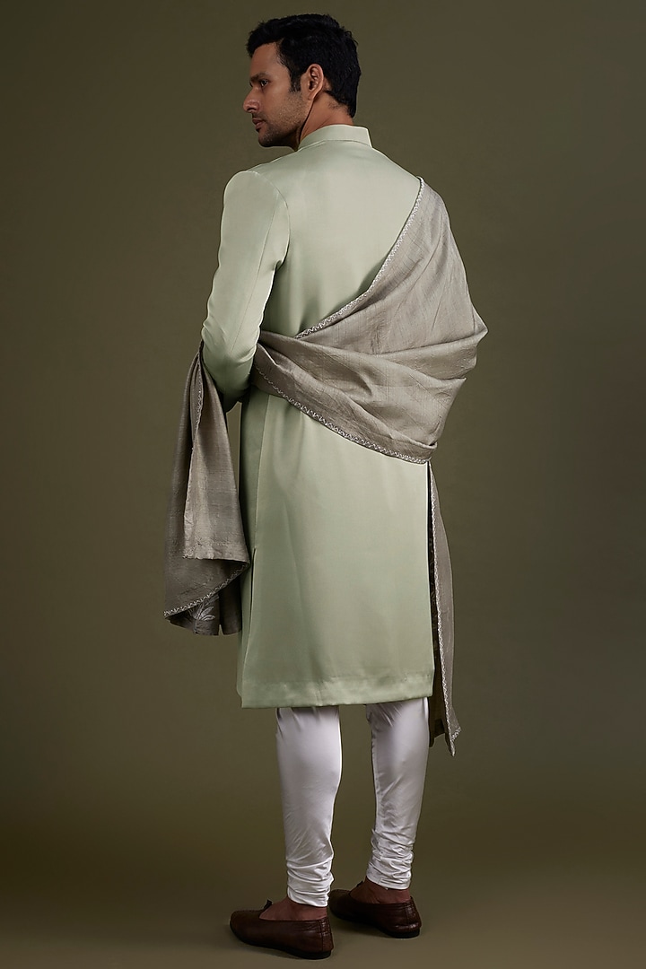 Mint Green Scuba Satin Wedding Sherwani Set by KSHITIJ CHOUDHARY MEN at Pernia's Pop Up Shop