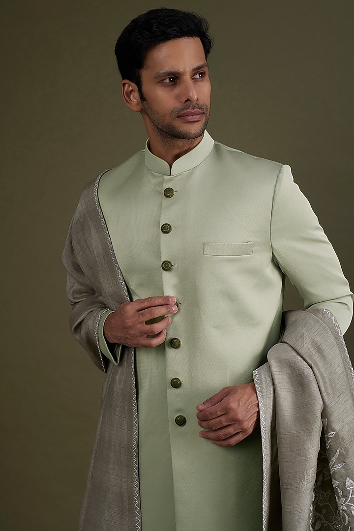 Mint Green Scuba Satin Wedding Sherwani Set by KSHITIJ CHOUDHARY MEN at Pernia's Pop Up Shop