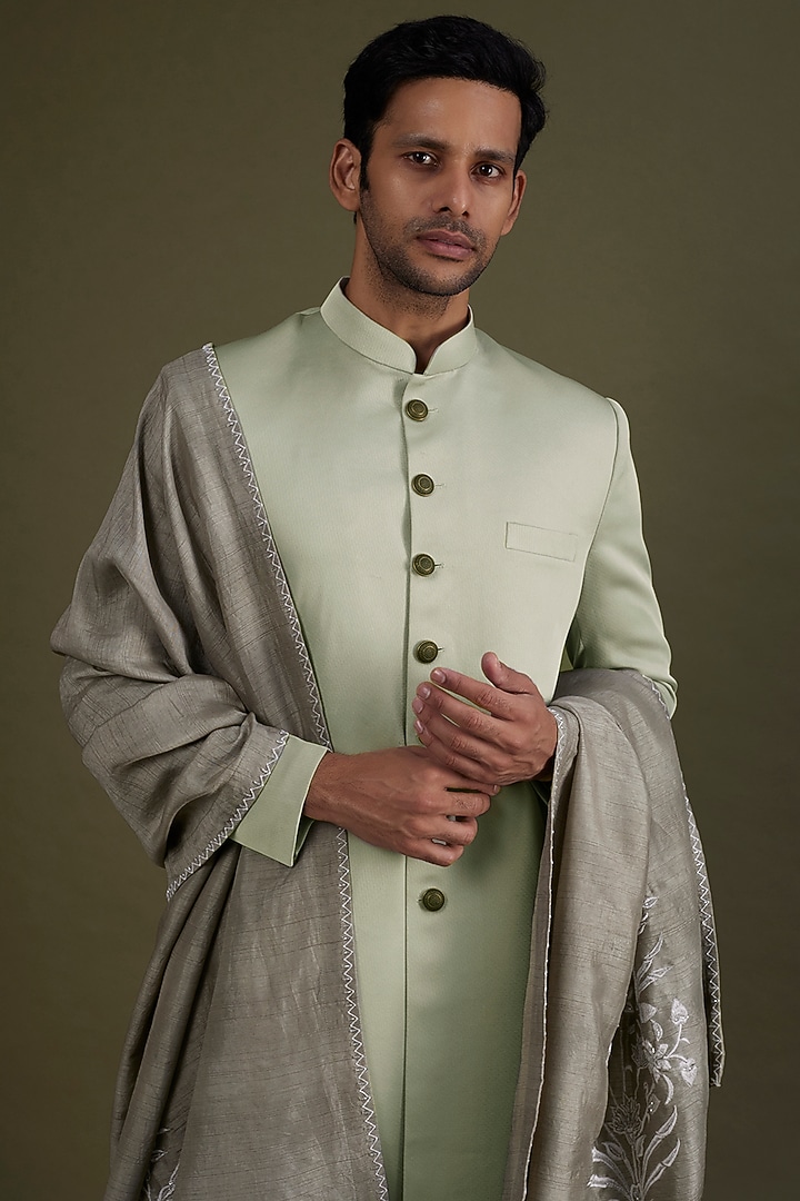Mint Green Scuba Satin Wedding Sherwani Set by KSHITIJ CHOUDHARY MEN at Pernia's Pop Up Shop