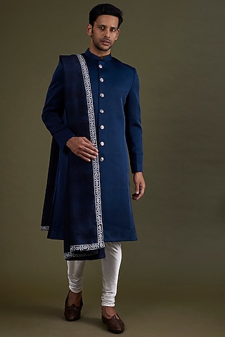 Midnight Blue Scuba Satin Sherwani Set by KSHITIJ CHOUDHARY MEN