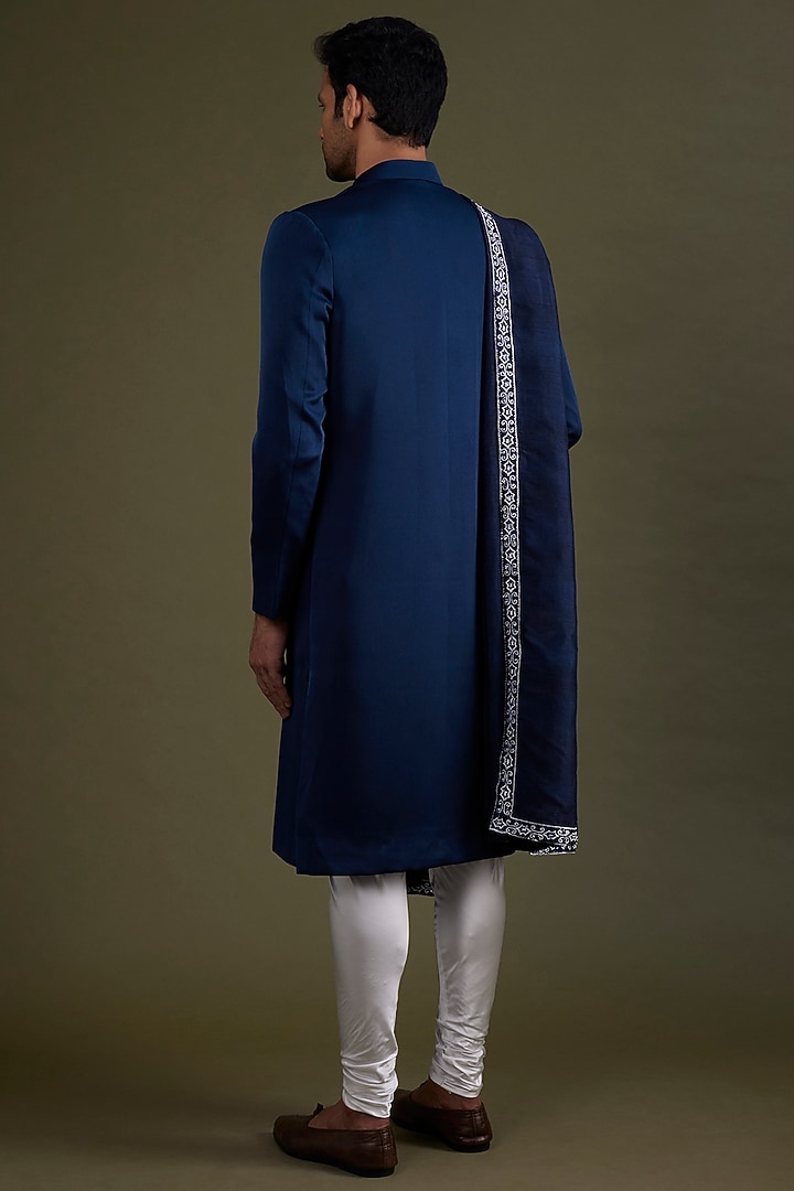 Midnight Blue Scuba Satin Wedding Sherwani Set by KSHITIJ CHOUDHARY MEN at Pernia's Pop Up Shop
