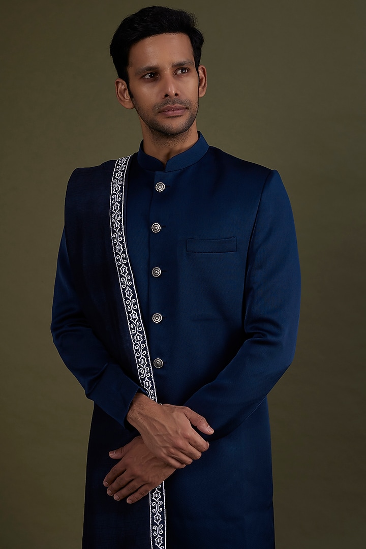 Midnight Blue Scuba Satin Wedding Sherwani Set by KSHITIJ CHOUDHARY MEN at Pernia's Pop Up Shop